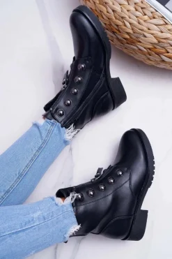 Botki Damskie Płaski Obcas Wysokie Czarne Yulio