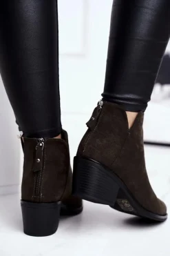 Botki Damskie Płaski Obcas Ocieplane Jesienne Khaki Milky