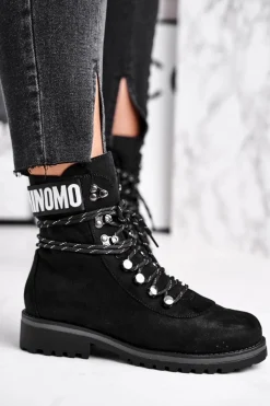 Botki Damskie Płaski Obcas Na Suwak Czarne Popsi