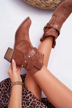 Botki Damskie Płaski Obcas Kowbojki z Klamrą Camel Ewella