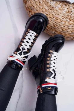 Botki Damskie Płaski Obcas Wysokie Glany Czarne Hippe