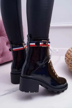 Botki Damskie Płaski Obcas Wysokie Glany Czarne Hippe