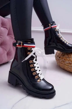 Botki Damskie Płaski Obcas Wysokie Glany Czarne Hippe