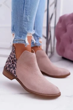 Botki Damskie Płaski Obcas Wiosenne Skórzane Beżowe Madness
