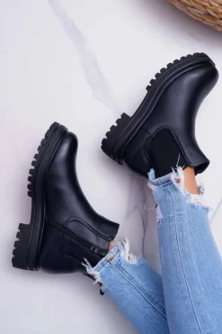 Botki Damskie Płaski Obcas Ciepłe Czarne Orion