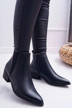 Botki Damskie Płaski Obcas W Szpic Suwak Czarne Derme