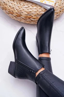 Botki Damskie Płaski Obcas W Szpic Suwak Czarne Derme