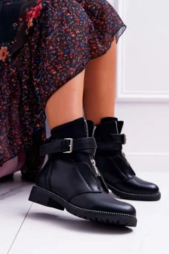 Botki Damskie Płaski Obcas Militarne Czarne Travist