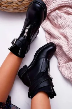 Botki Damskie Płaski Obcas Militarne Czarne Travist