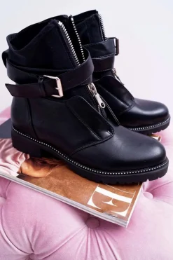 Botki Damskie Płaski Obcas Militarne Czarne Travist