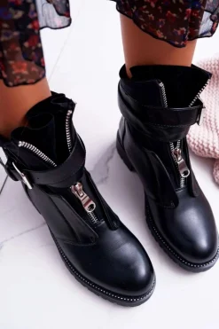 Botki Damskie Płaski Obcas Militarne Czarne Travist