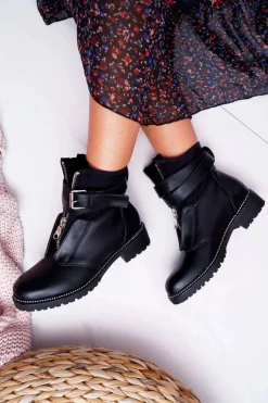 Botki Damskie Płaski Obcas Militarne Czarne Travist