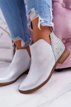 Botki Damskie Płaski Obcas Wiosenne Skórzane Srebrne Madness