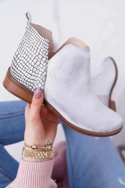 Botki Damskie Płaski Obcas Wiosenne Skórzane Srebrne Madness