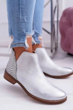 Botki Damskie Płaski Obcas Wiosenne Skórzane Srebrne Madness