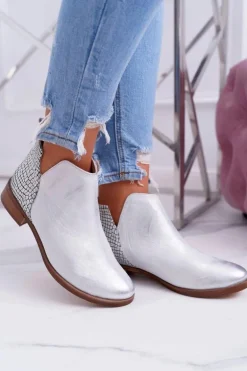 Botki Damskie Płaski Obcas Wiosenne Skórzane Srebrne Madness