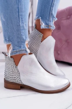 Botki Damskie Płaski Obcas Wiosenne Skórzane Srebrne Madness