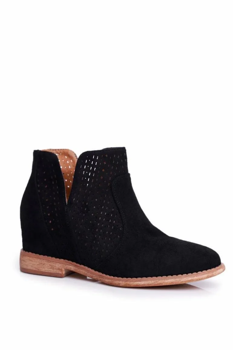 Botki Damskie Płaski Obcas Zamszowe Ażurowe Czarne Shades