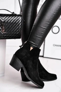 Botki Damskie Płaski Obcas Ocieplane Jesienne Czarne Milky