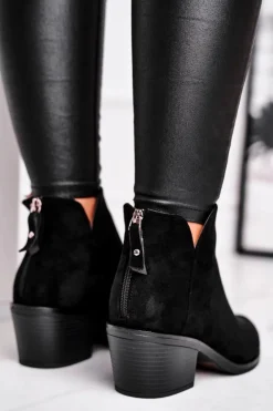 Botki Damskie Płaski Obcas Ocieplane Jesienne Czarne Milky