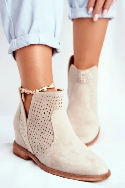 Botki Damskie Płaski Obcas Zamszowe Ażurowe Cappuccino Shades