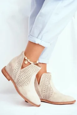 Botki Damskie Płaski Obcas Zamszowe Ażurowe Cappuccino Shades