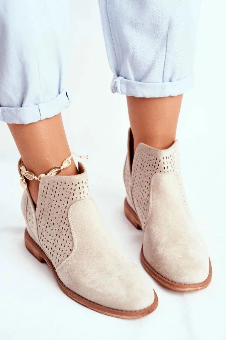 Botki Damskie Płaski Obcas Zamszowe Ażurowe Cappuccino Shades