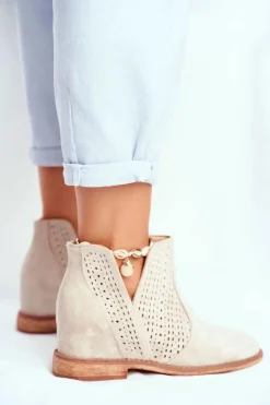 Botki Damskie Płaski Obcas Zamszowe Ażurowe Cappuccino Shades