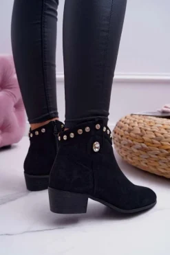 Botki Damskie Płaski Obcas Kowbojki Z Cyrkoniami Czarne Patti