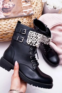 Botki Damskie Płaski Obcas Militarne Czarne Bemmer