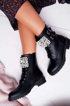 Botki Damskie Płaski Obcas Militarne Czarne Bemmer