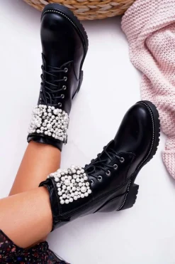 Botki Damskie Płaski Obcas Militarne Czarne Bemmer