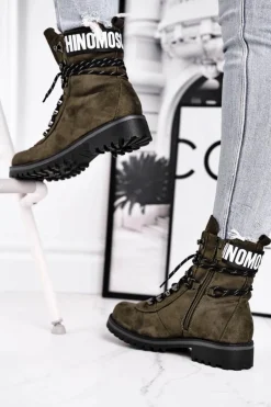 Botki Damskie Płaski Obcas Na Suwak Zielone Popsi