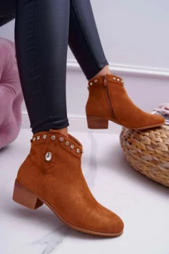 Botki Damskie Płaski Obcas Kowbojki Z Cyrkoniami Camel Patti