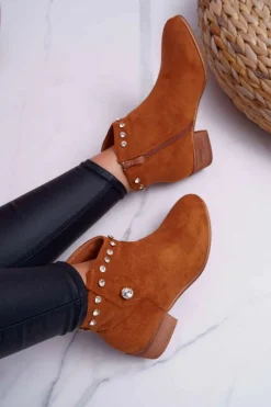 Botki Damskie Płaski Obcas Kowbojki Z Cyrkoniami Camel Patti