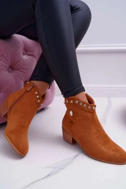 Botki Damskie Płaski Obcas Kowbojki Z Cyrkoniami Camel Patti