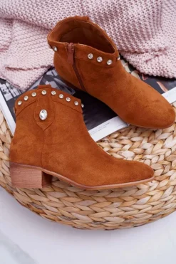 Botki Damskie Płaski Obcas Kowbojki Z Cyrkoniami Camel Patti