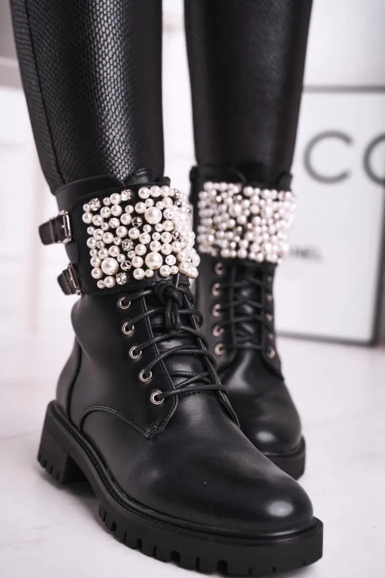 Botki Damskie Płaski Obcas Militarne Czarne Bemmer