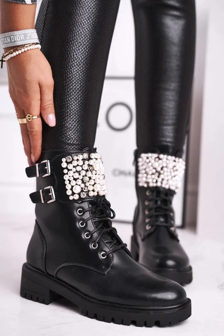 Botki Damskie Płaski Obcas Militarne Czarne Bemmer