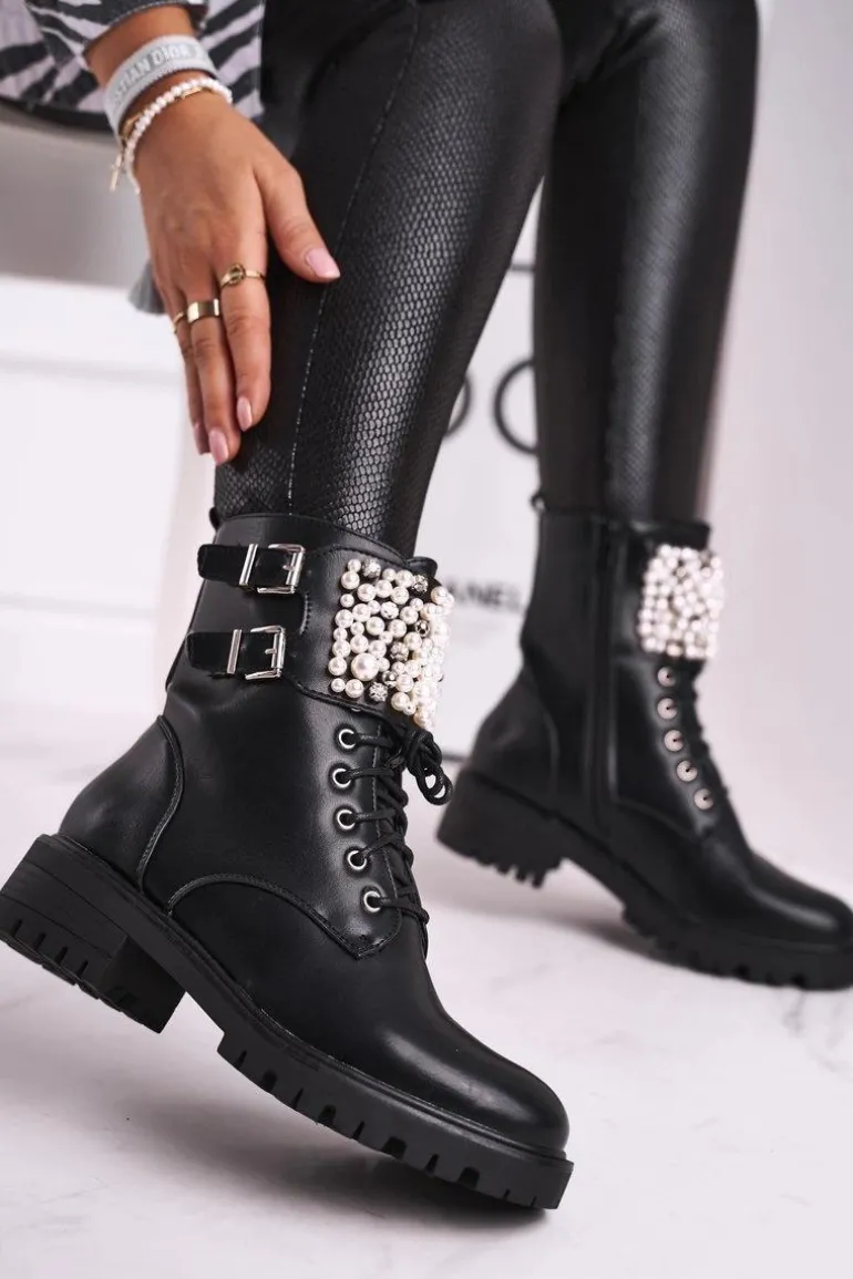 Botki Damskie Płaski Obcas Militarne Czarne Bemmer