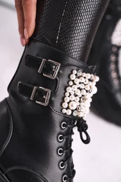 Botki Damskie Płaski Obcas Militarne Czarne Bemmer