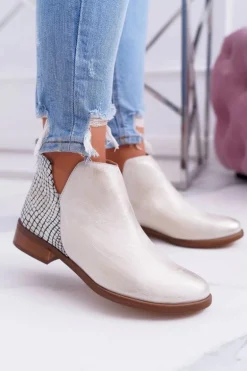 Botki Damskie Płaski Obcas Wiosenne Skórzane Przecierane Złoto Madness