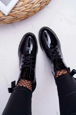 Botki Damskie Płaski Obcas Lakierowane Czarne Nicole 2420