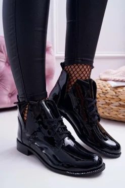 Botki Damskie Płaski Obcas Lakierowane Czarne Nicole 2420