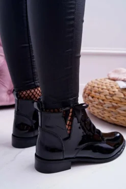 Botki Damskie Płaski Obcas Lakierowane Czarne Nicole 2420