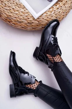 Botki Damskie Płaski Obcas Lakierowane Czarne Nicole 2420