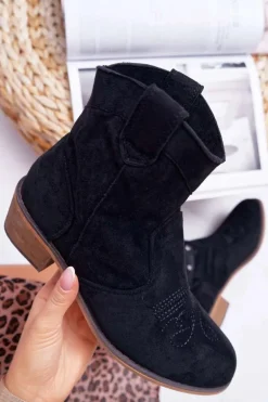 Botki Damskie Płaski Obcas Kowbojki z Klamrą Czarne Ewella