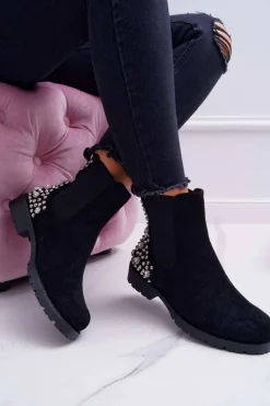 Botki Damskie Płaski Obcas Dżety Ćwieki Czarne Binary