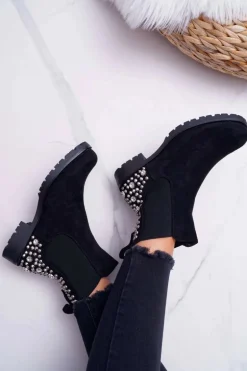 Botki Damskie Płaski Obcas Dżety Ćwieki Czarne Binary