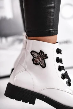 Botki Damskie Płaski Obcas Glany Lakierowane Białe Sergio Leone BT530